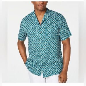 Tasso Elba Men’s Blue Geometric Silk Blend Button Down Shirt Size XXL Vacation